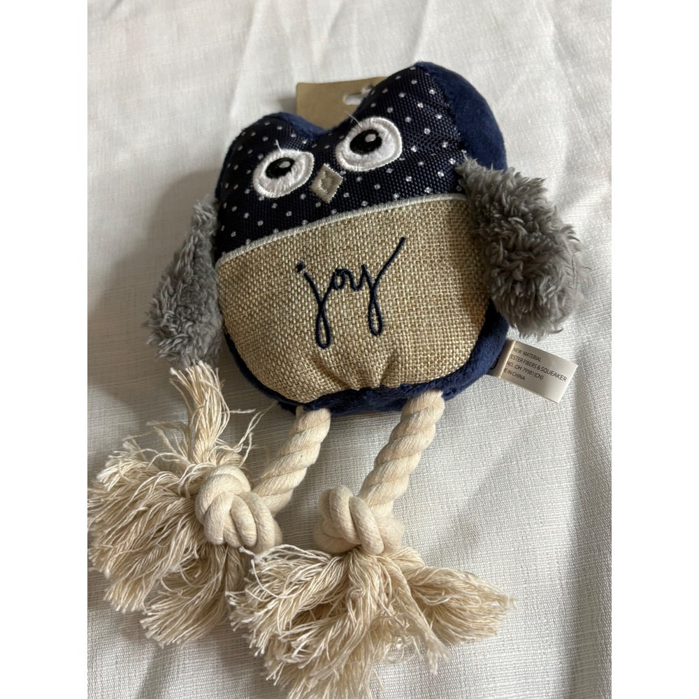 ED Ellen DeGeneres Owl Plush Squeaky Rope Dog Toy Joy Navy Burlap ETY-0025